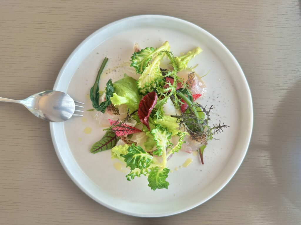 アクアポニックス産有機野菜を使ったレストランのサラダ料理