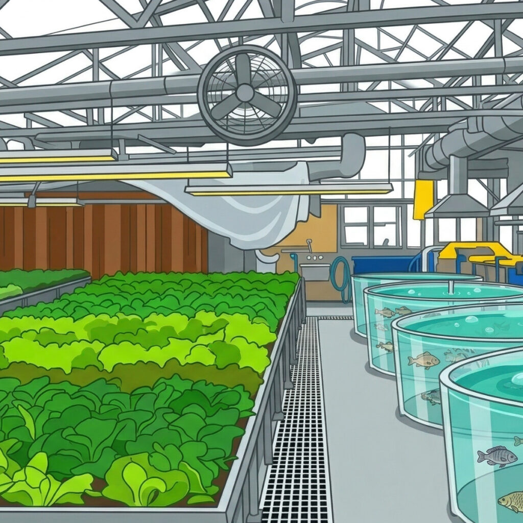 アクアポニックス 屋内大規模農場 魚の養殖水槽と水耕栽培棚