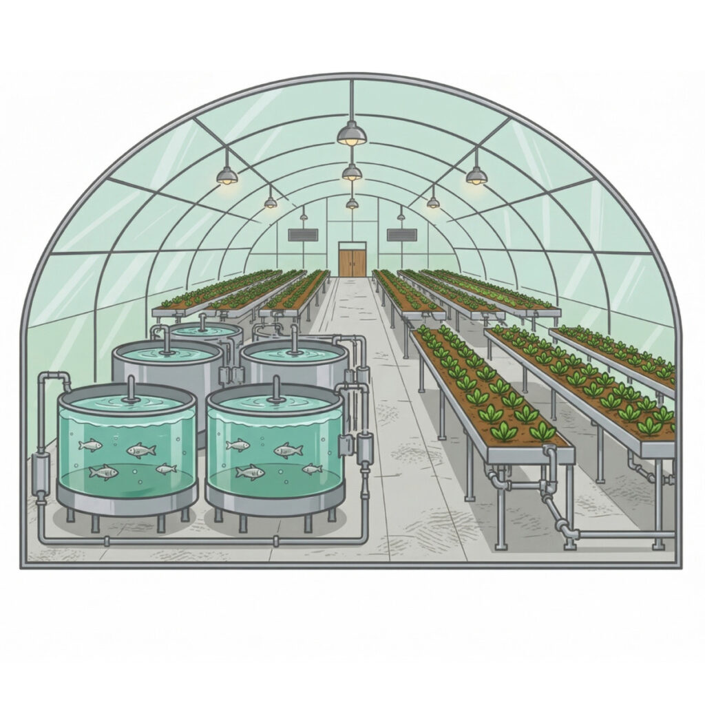 アクアポニックス温室農場のイラスト 魚の養殖タンクと野菜栽培ベッドが連動した大規模施設