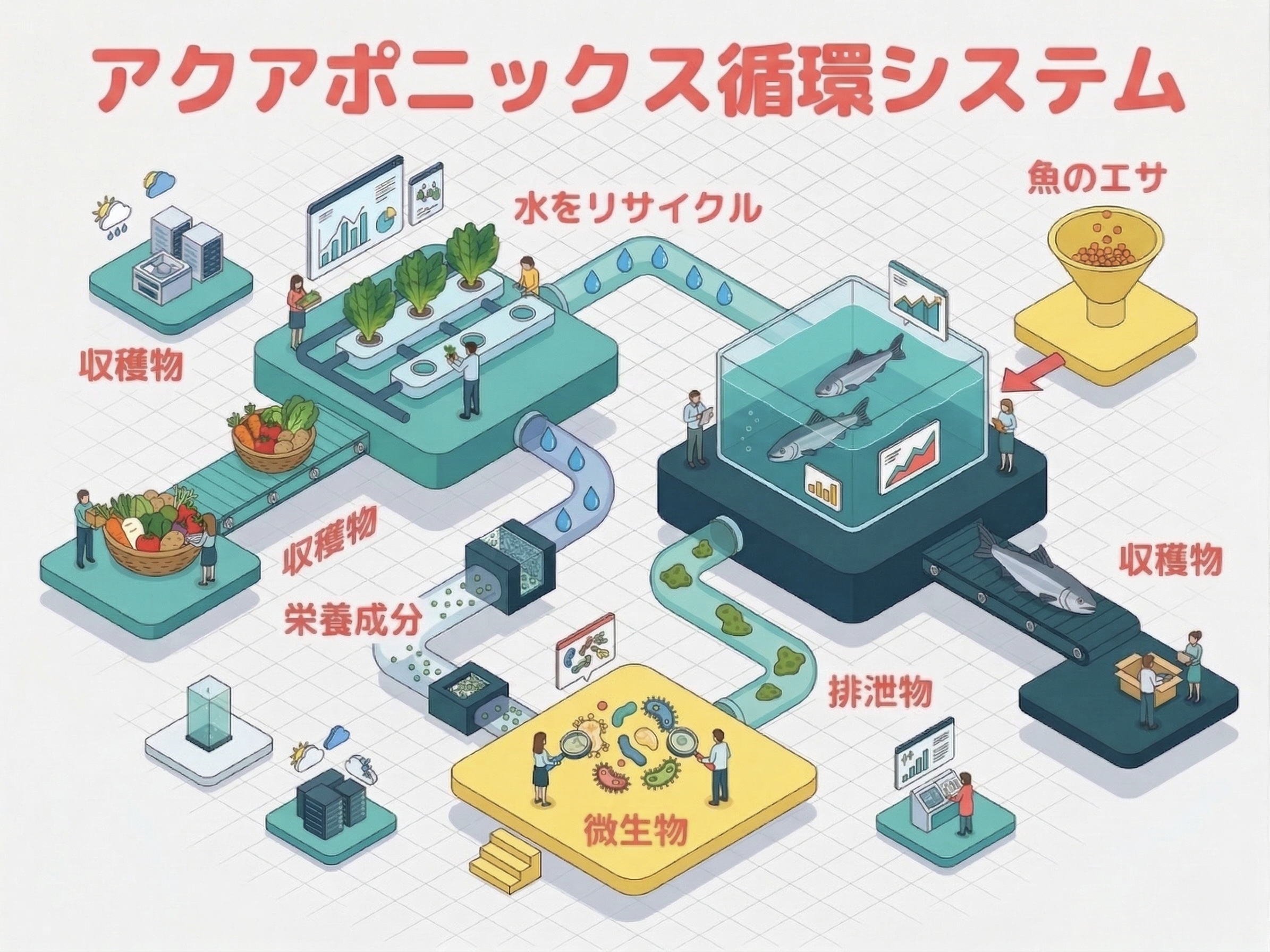 アクアポニックス循環システムの仕組み図解 魚・微生物・野菜の循環と収穫の流れ