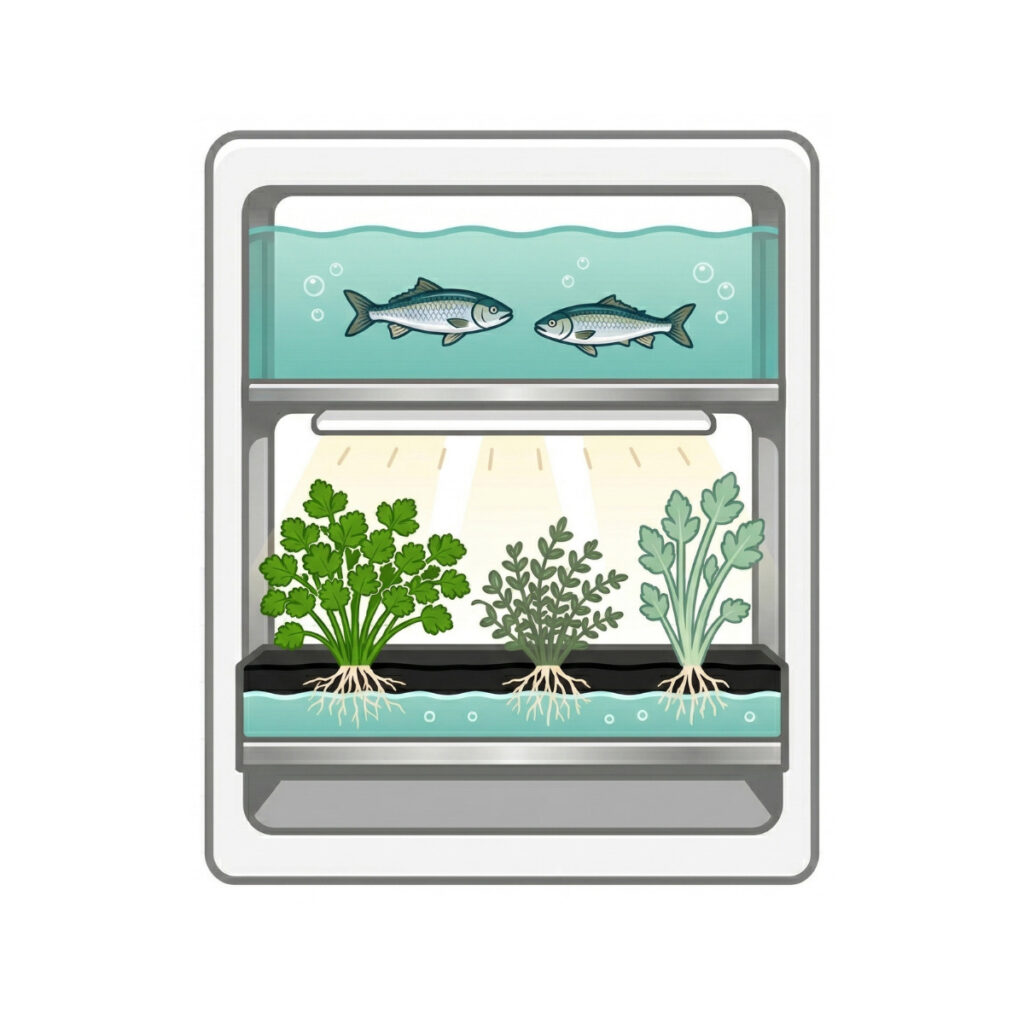 アクアポニックス小型装置のイラスト 上部の魚水槽と下部の野菜栽培槽が一体になった小型観賞用システム